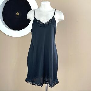 Vintage Black Lingerie Slip with Lace Trim – Adjustable Straps – Fits Small